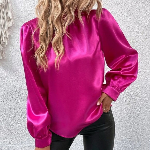 Luxe lantern sleeve mock neck satin blouse - Picture 10 of 11